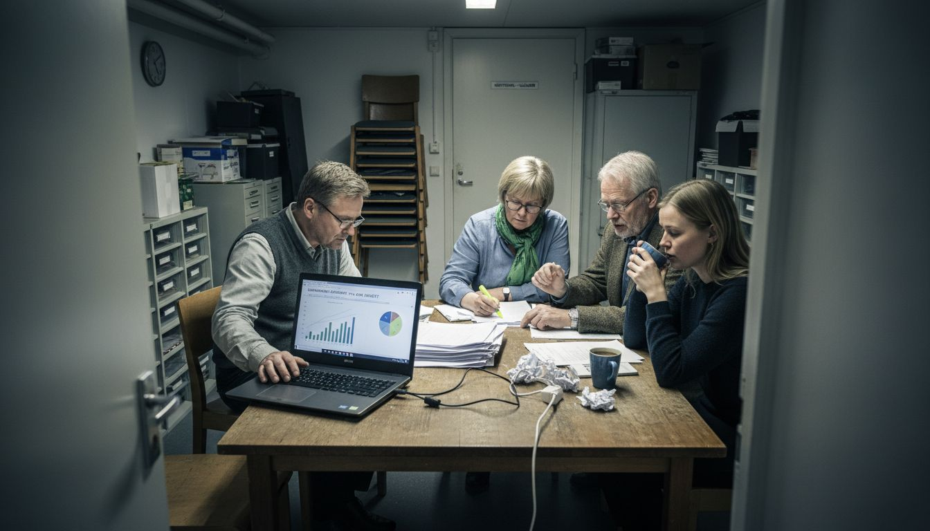 Styrelsen för bostadsrättsföreningen sitter samlade i mötesrummet och diskuterar aktuella utmaningar.