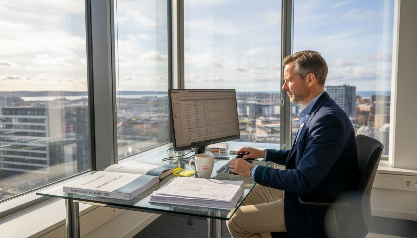 En man sitter vid skrivbordet och går noggrant igenom bostadsrättsföreningens årsredovisning.