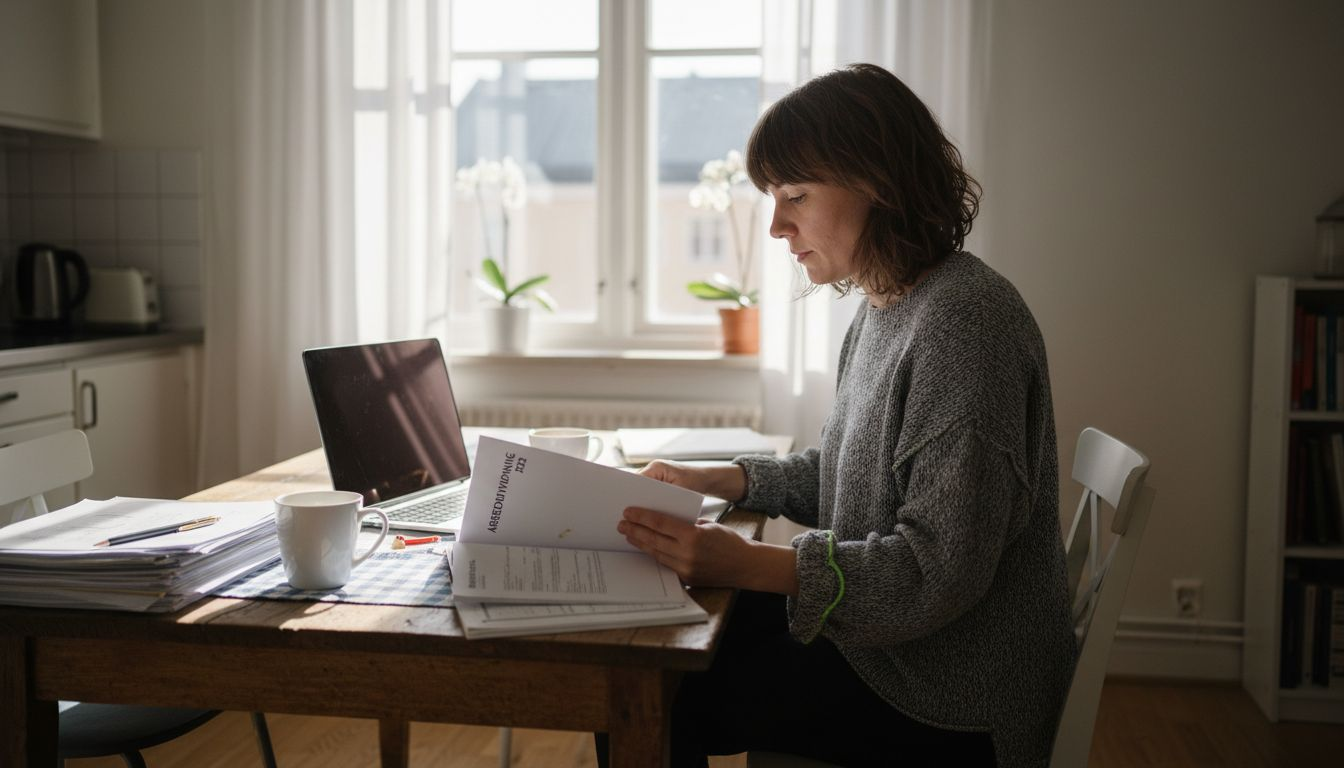 Kvinna går igenom bostadsrättsföreningens papper vid köksbordet