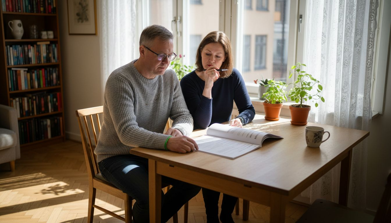 Ett par sitter vid köksbordet och går igenom årsrapporten från sin bostadsrättsförening.