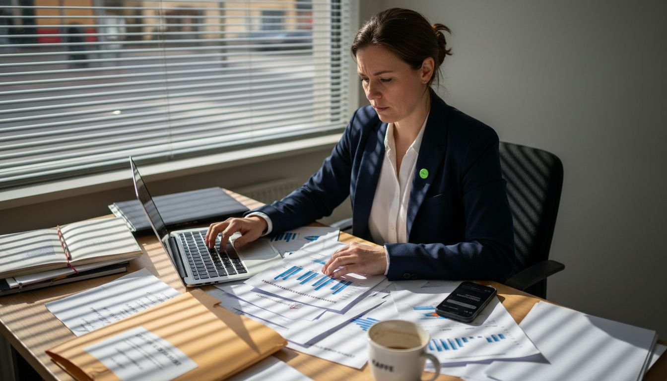 Mäklaren sitter vid datorn och kollar upp försäljningspriset på lägenheten.