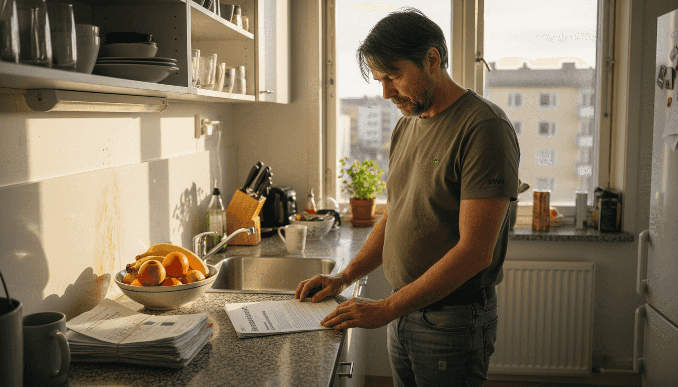En man sitter hemma och går igenom riskerna med sin bostadsrättsförening.