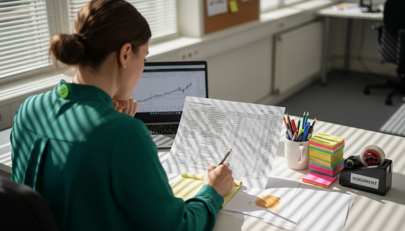 En ekonom sitter vid sitt skrivbord och går igenom en bostadsrättsförenings årsrapport.