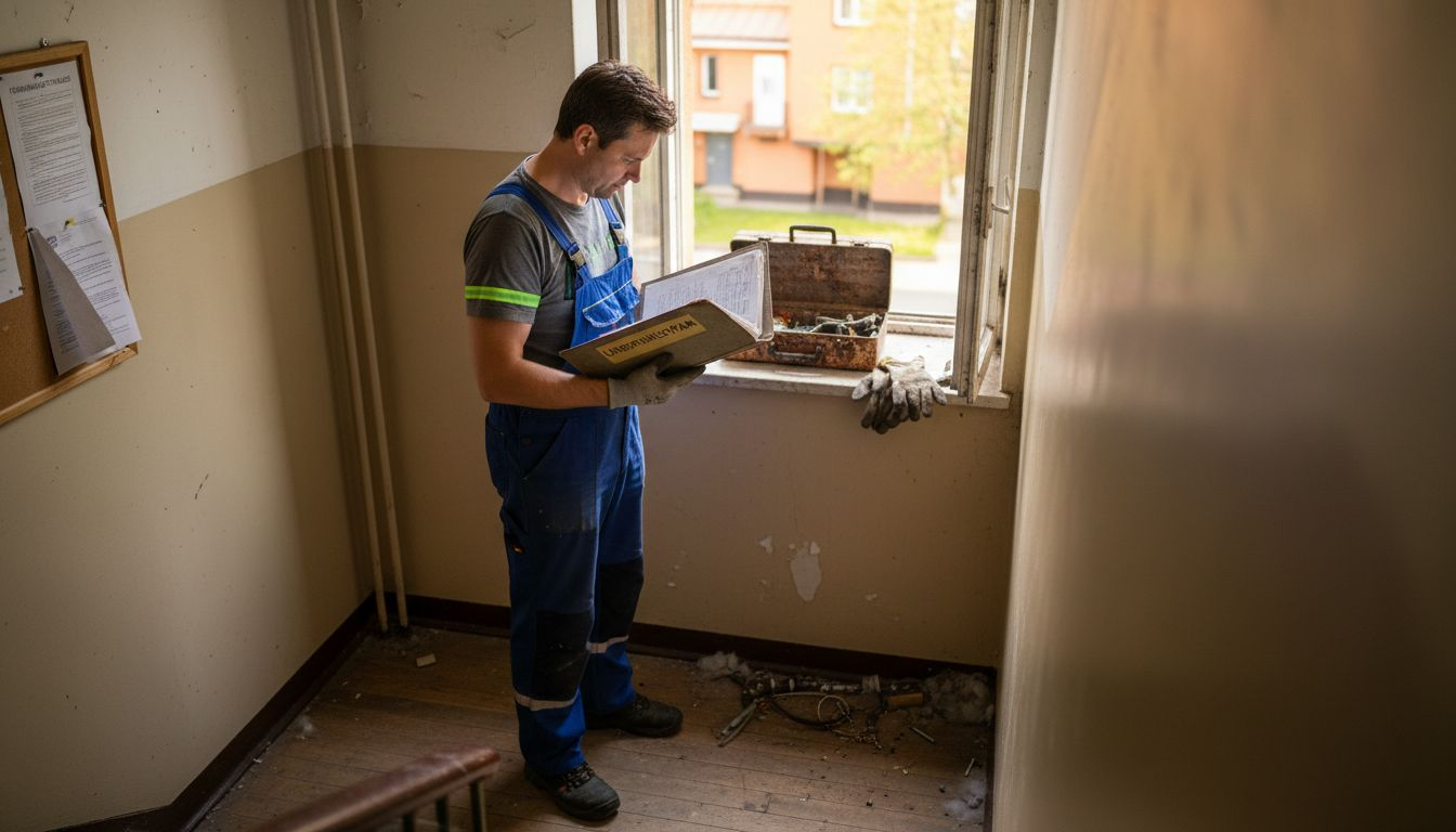 Fastighetsskötaren går igenom underhållsplanen och ser över pärmen med dokument.