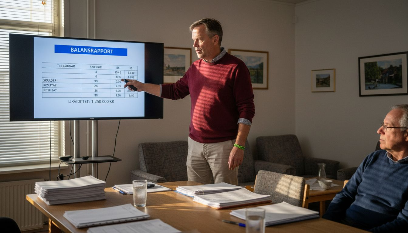 Kassören redovisar årets balansräkning för medlemmarna.