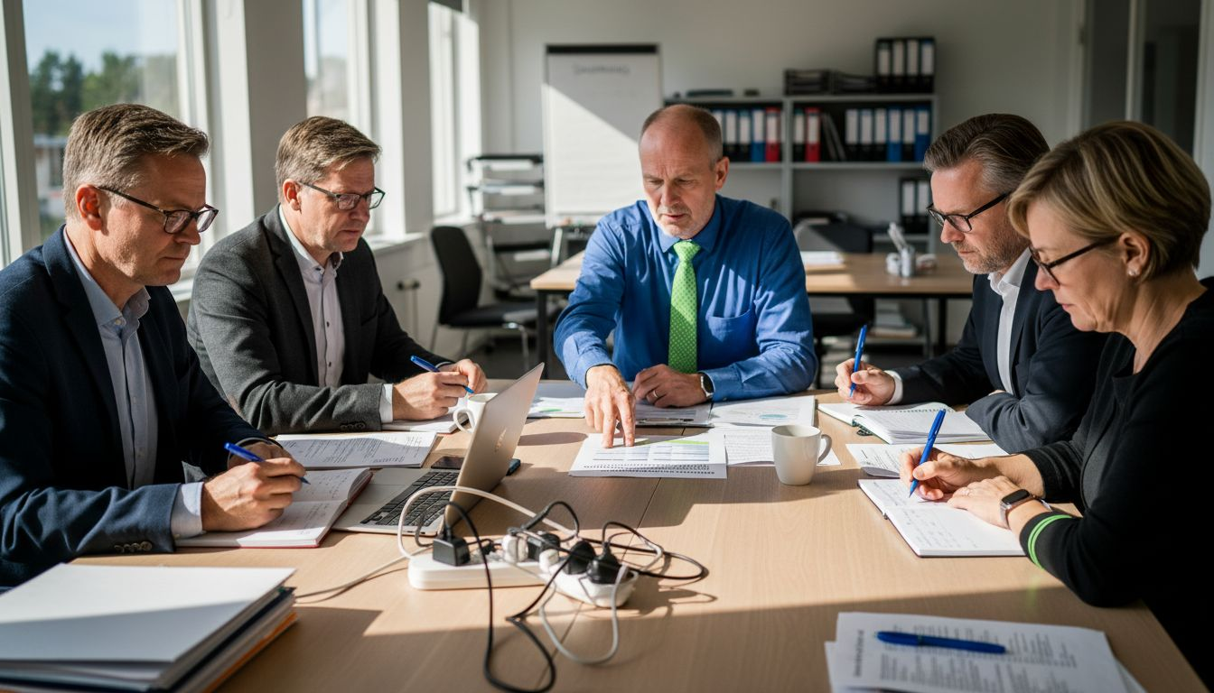 Styrelsen går igenom den senaste ekonomiska rapporten i det ljusa konferensrummet.