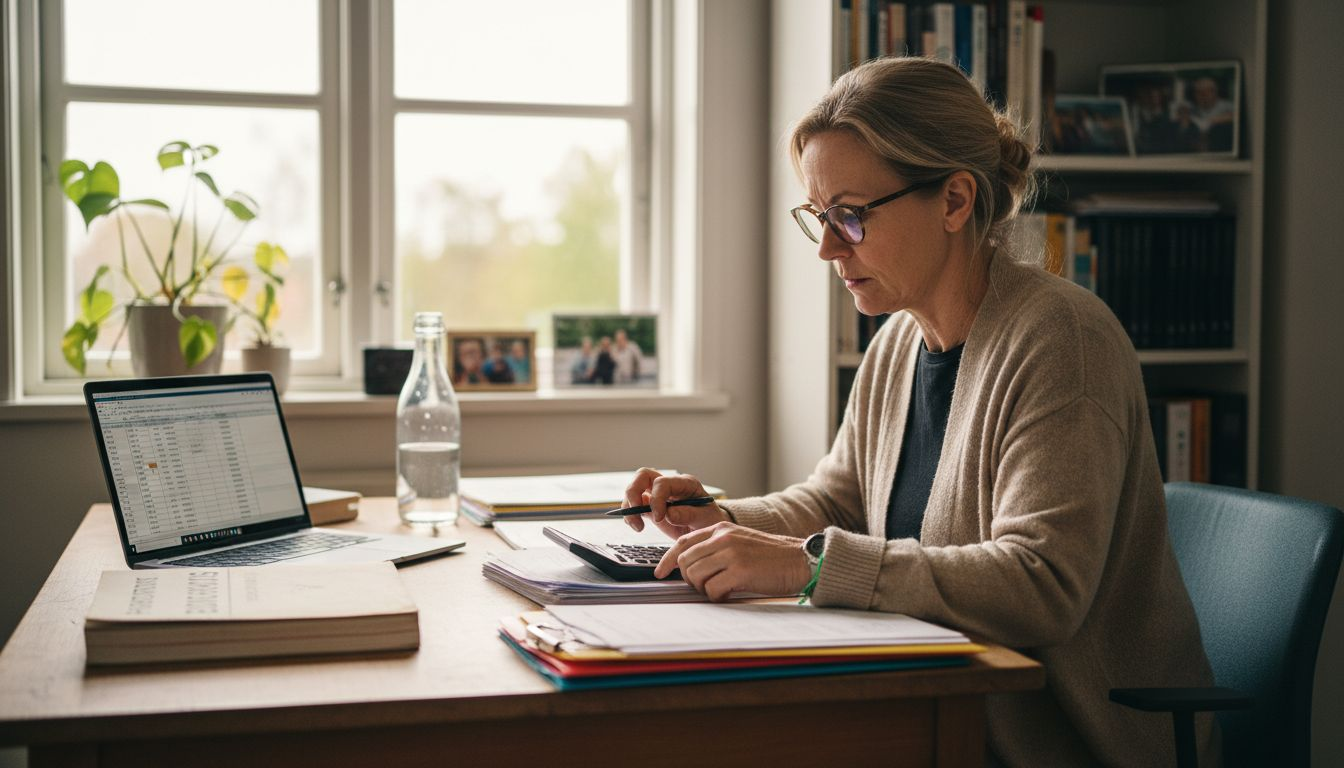 En revisor går igenom bostadsrättsföreningens handlingar på ett litet kontor.