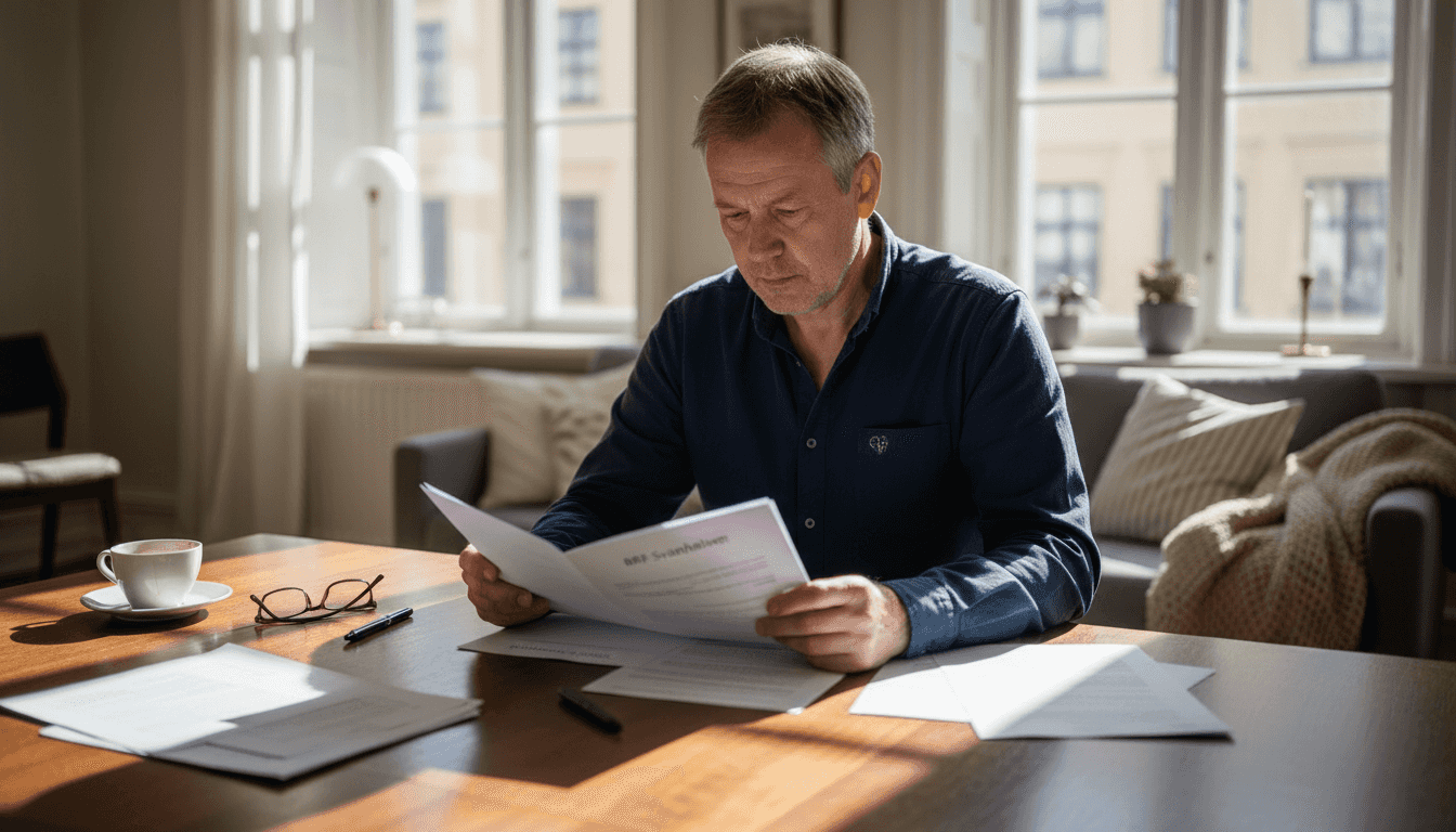 Sitter vid köksbordet och går igenom bostadsrättsföreningens årsredovisning.