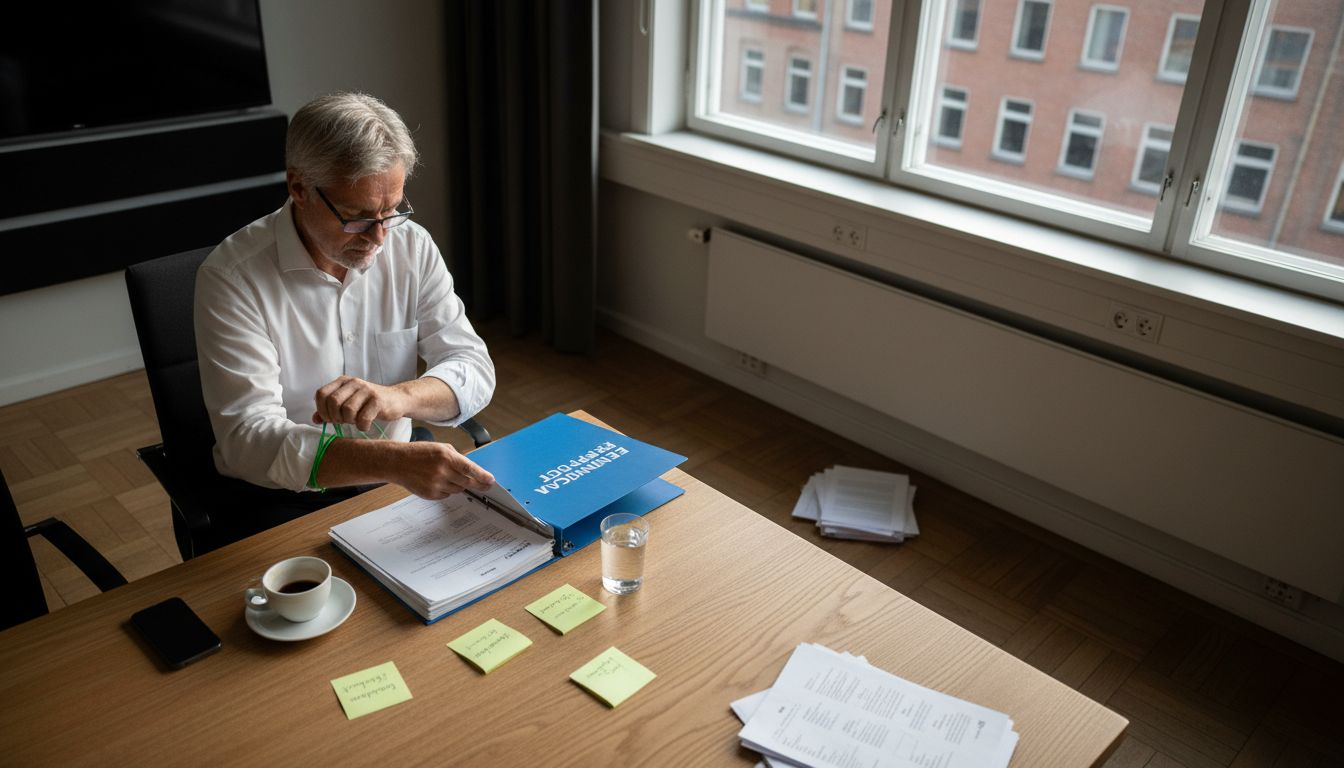 En grupp sitter i konferensrummet och går igenom ekonomiska rapporter tillsammans.