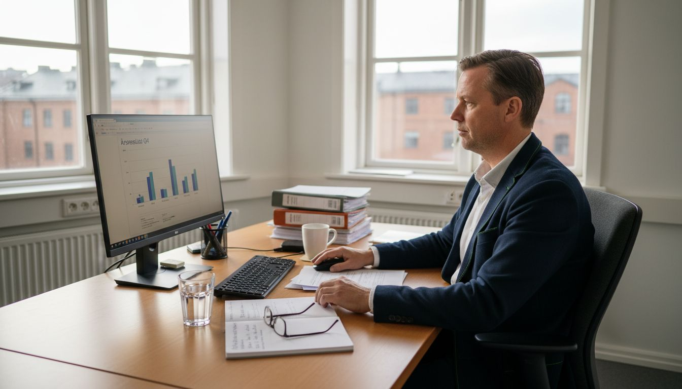 Ekonomiansvarige går igenom föreningens rapporter på kontoret