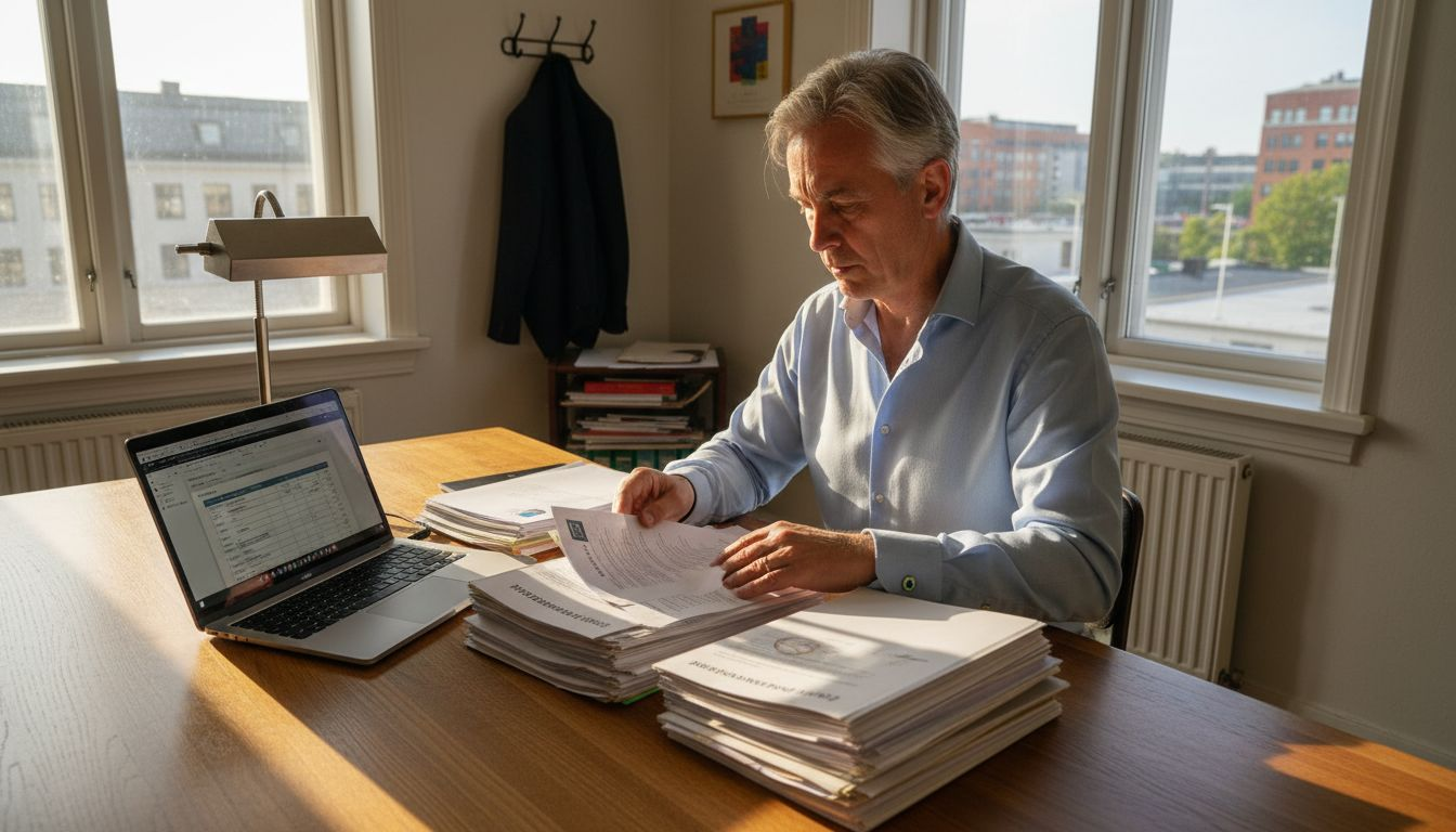 En ekonom sitter på sitt kontor och går igenom bostadsrättsföreningars årsredovisningar.