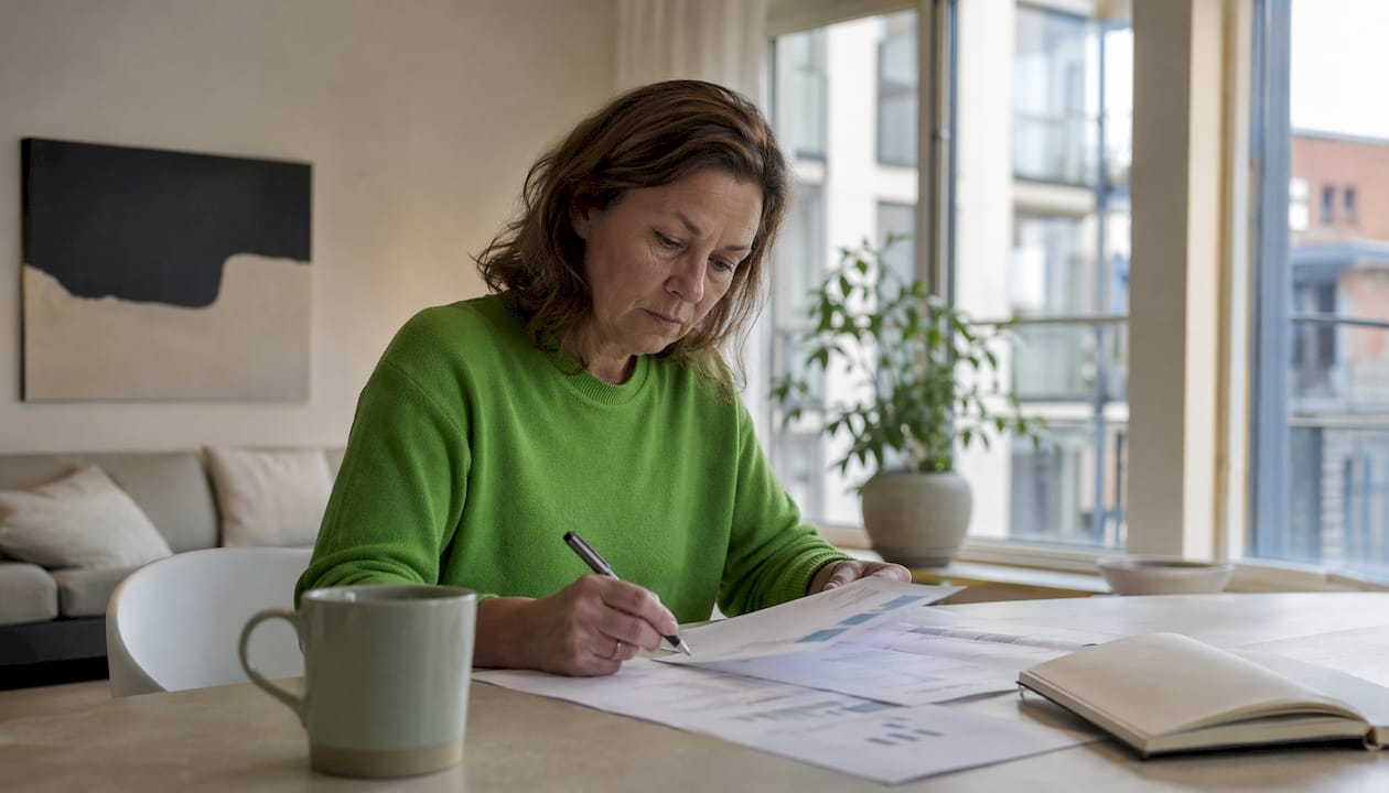 En styrelseledamot går igenom årsredovisningen vid sitt skrivbord.