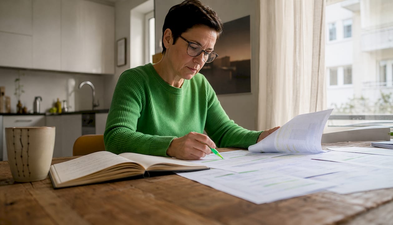 En person sitter vid bordet och går noggrant igenom bostadsrättsföreningens ekonomiska rapporter.