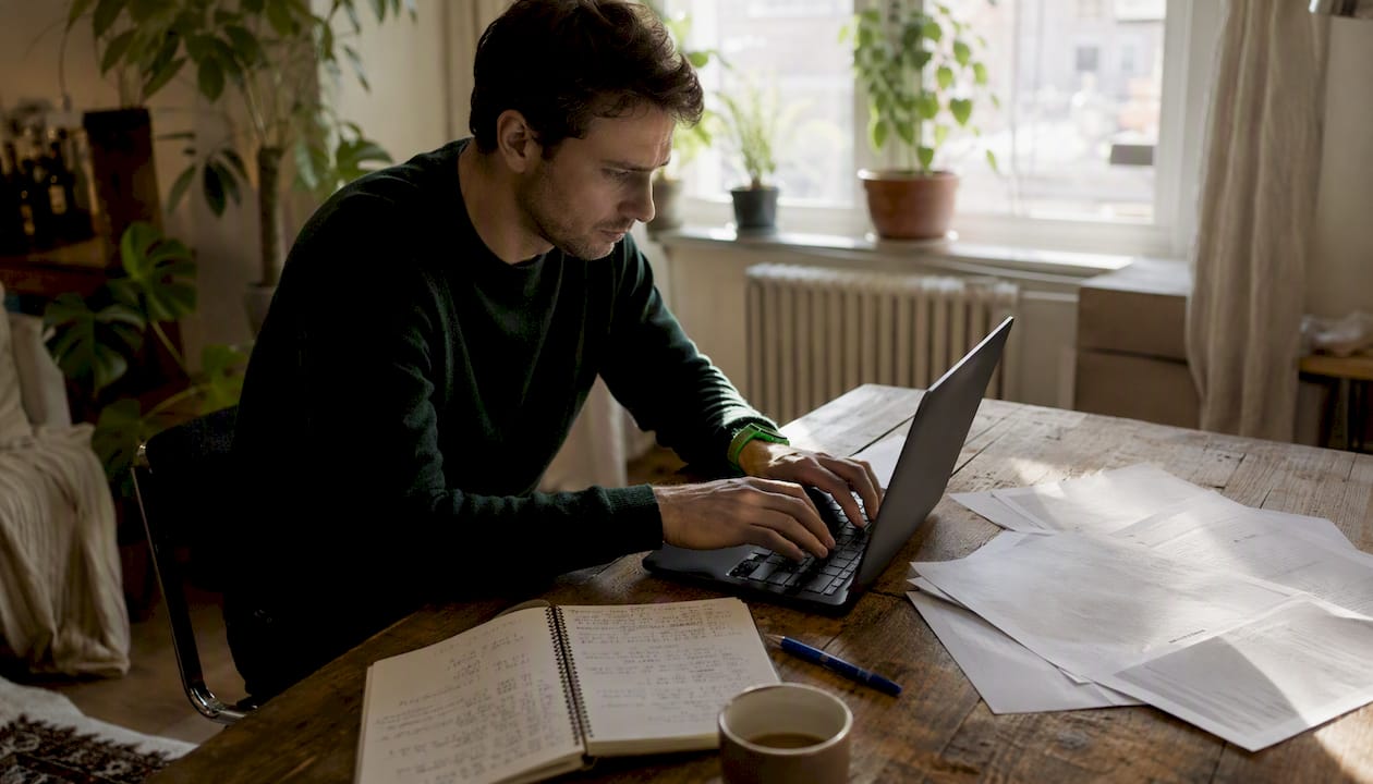 Händer som skriver på en laptop med bostadsrättsföreningens dokument uppe på skärmen