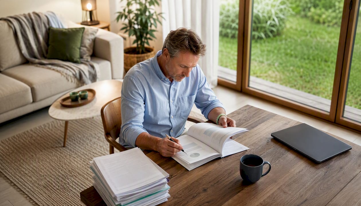 En person sitter på kontoret och granskar en bostadsrättsförenings årsredovisning som han fått betalt för att gå igenom.