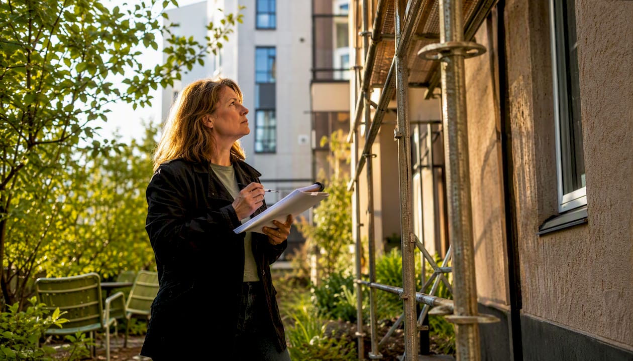 Fasad på bostadshus med detaljer av underhållsverktyg