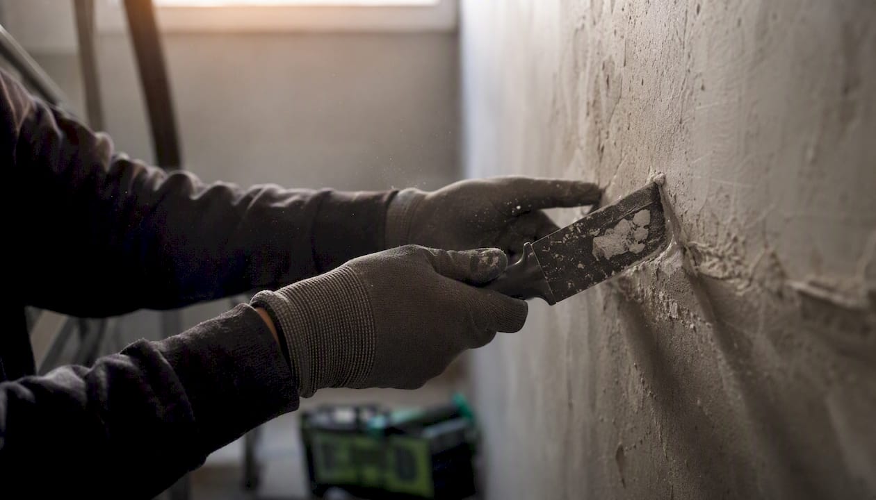 Händer som förbereder väggen inför underhållsarbete i bostadsrättsföreningen
