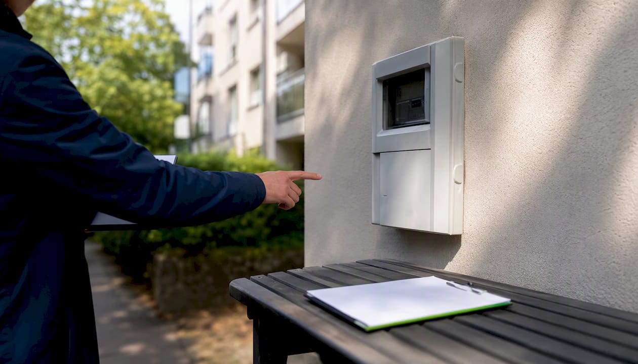 Husfasad där någon pekar på elmätaren