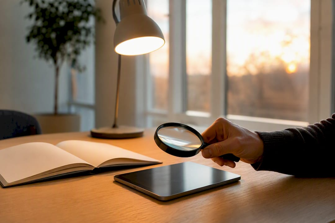Hand med förstoringsglas över dokument