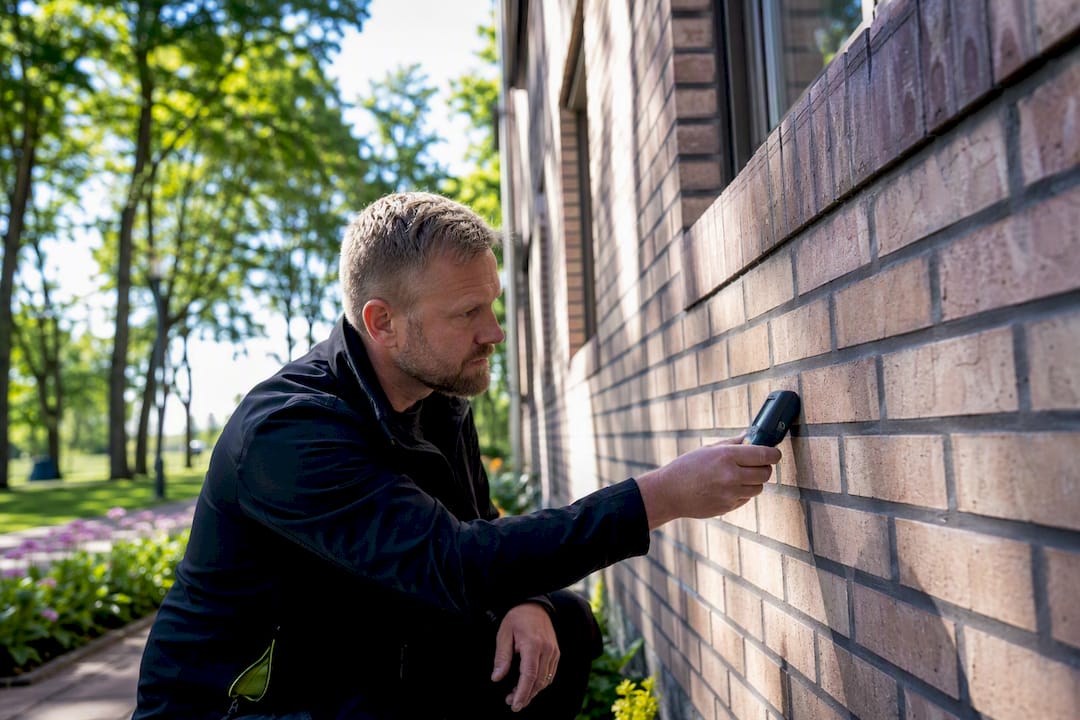Hand som mäter fukt på byggnadsfasad
