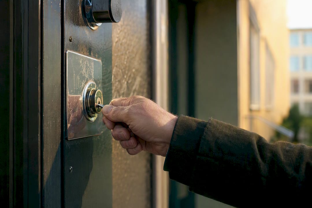 Hand som sätter in nyckel i dörren till bostadsrättsföreningens byggnad