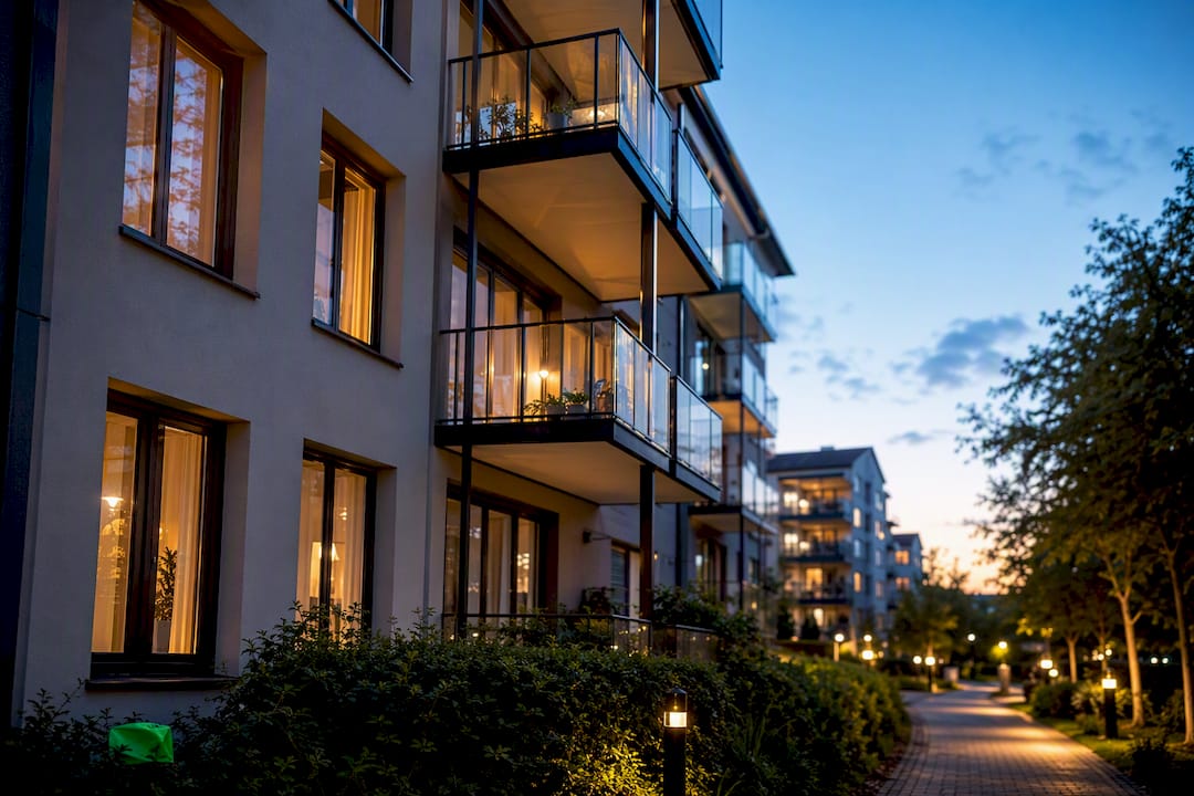 Bostadsrättsföreningens byggnad i skymningsljus
