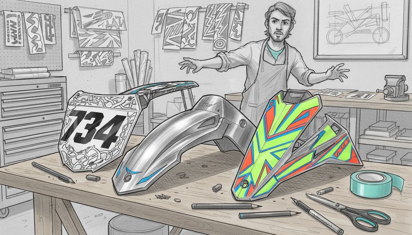 Different types of motocross stickers on parts