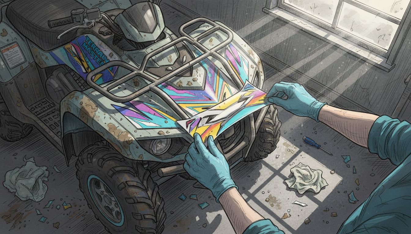 Gloved hands positioning decal on ATV panel