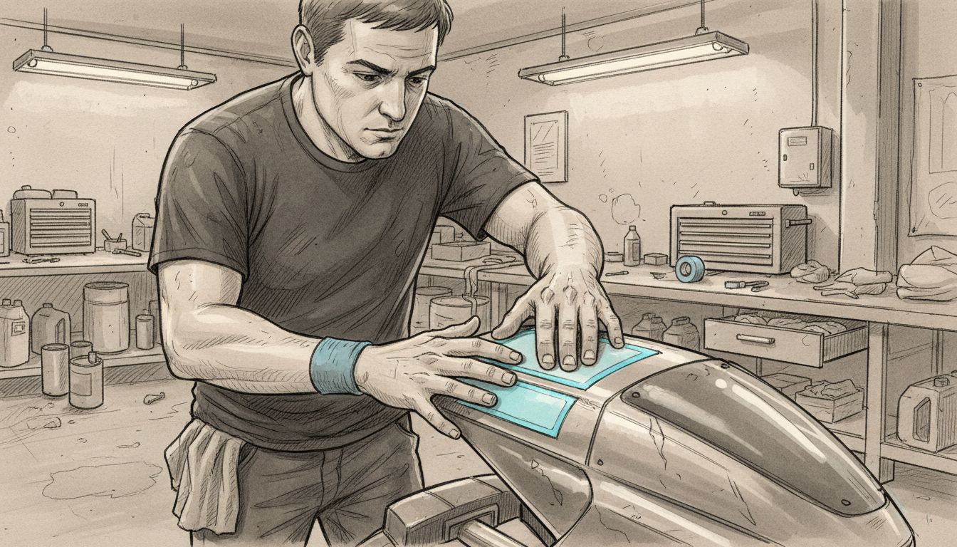 Mechanic applying vinyl sticker in garage