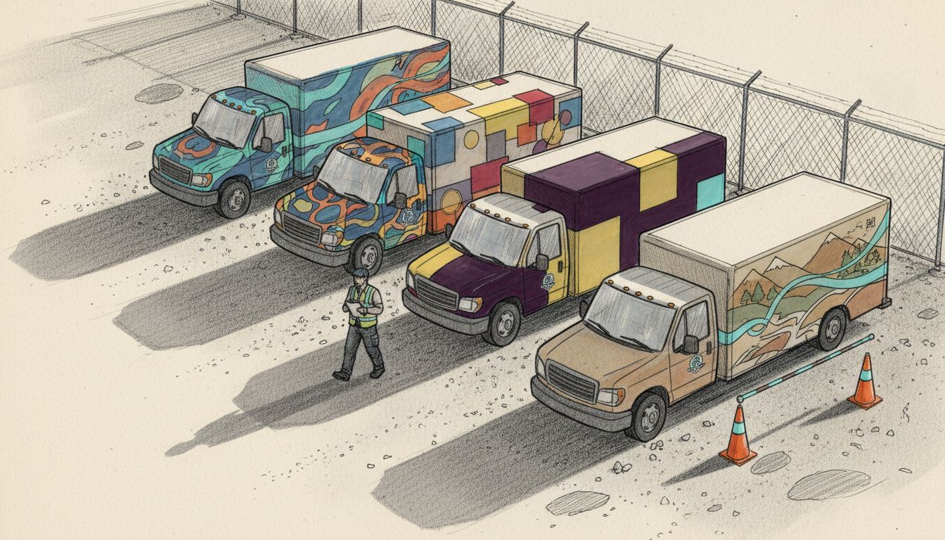 Fleet of colorfully wrapped company trucks