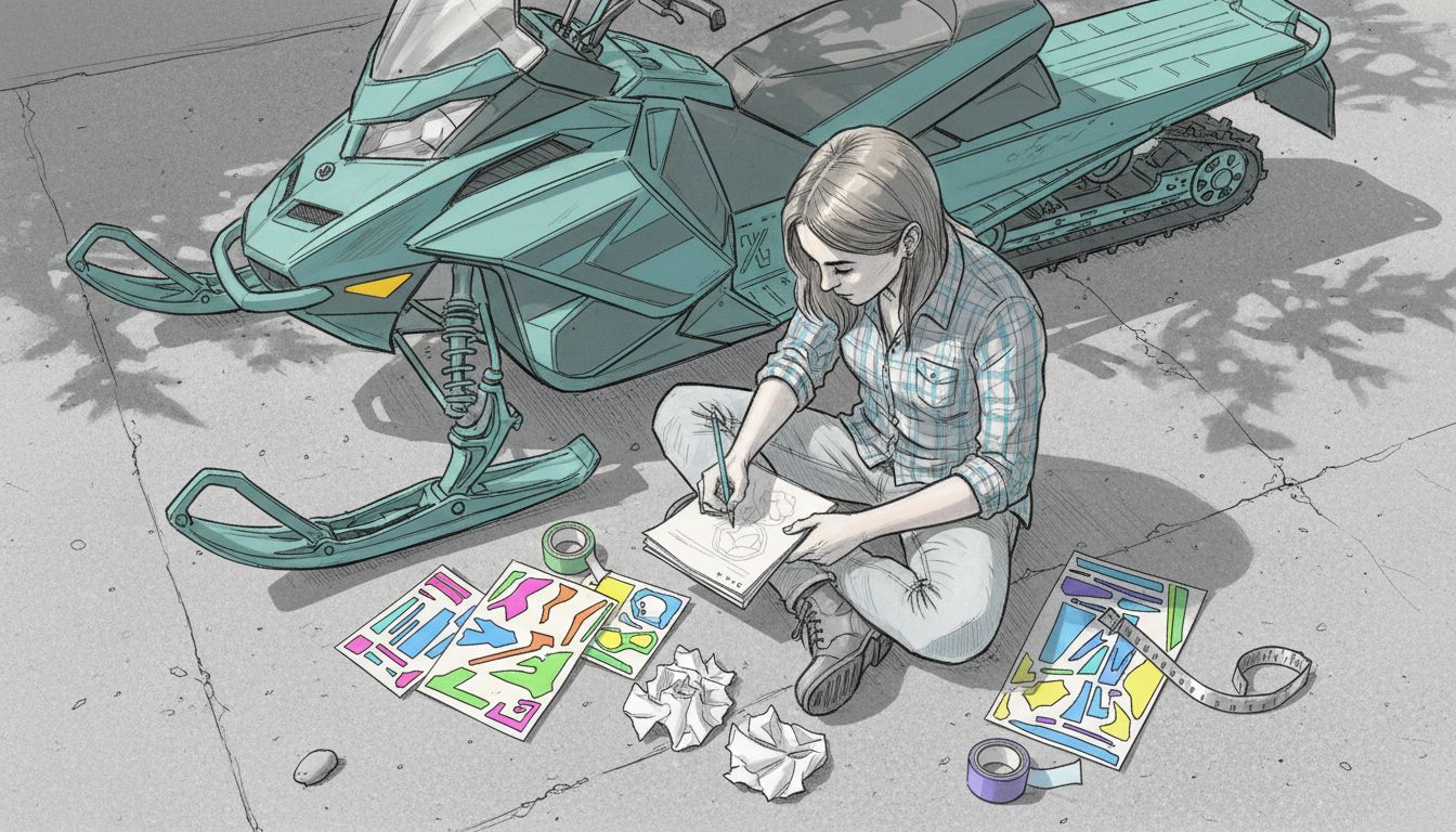 Woman planning sticker placement on snowmobile