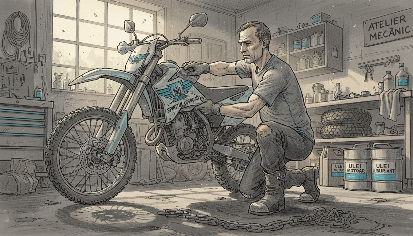 Un mecanic montează stickere personalizate pe o motocicletă de off-road.