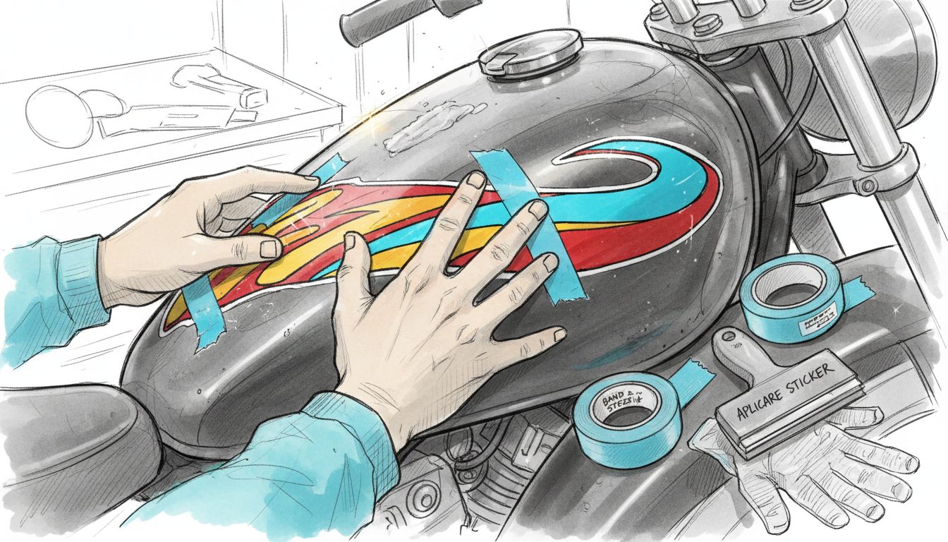 Mâinile fixează cu grijă un autocolant, folosindu-se de bandă adezivă pentru aliniere.