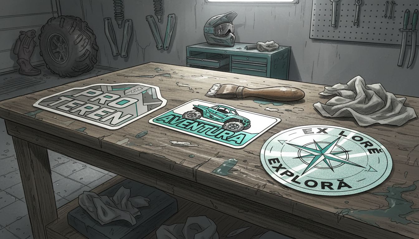 Trei modele diferite de stickere pentru ATV, așezate pe bancul de lucru din garaj