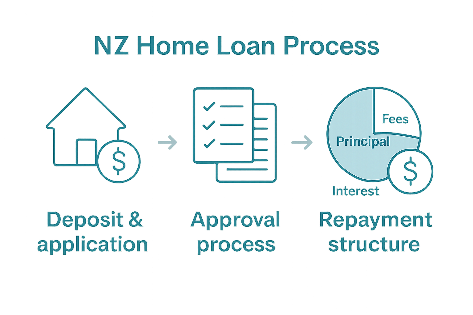 Simple infographic showing NZ home loan steps from deposit and application to approval and repayment.