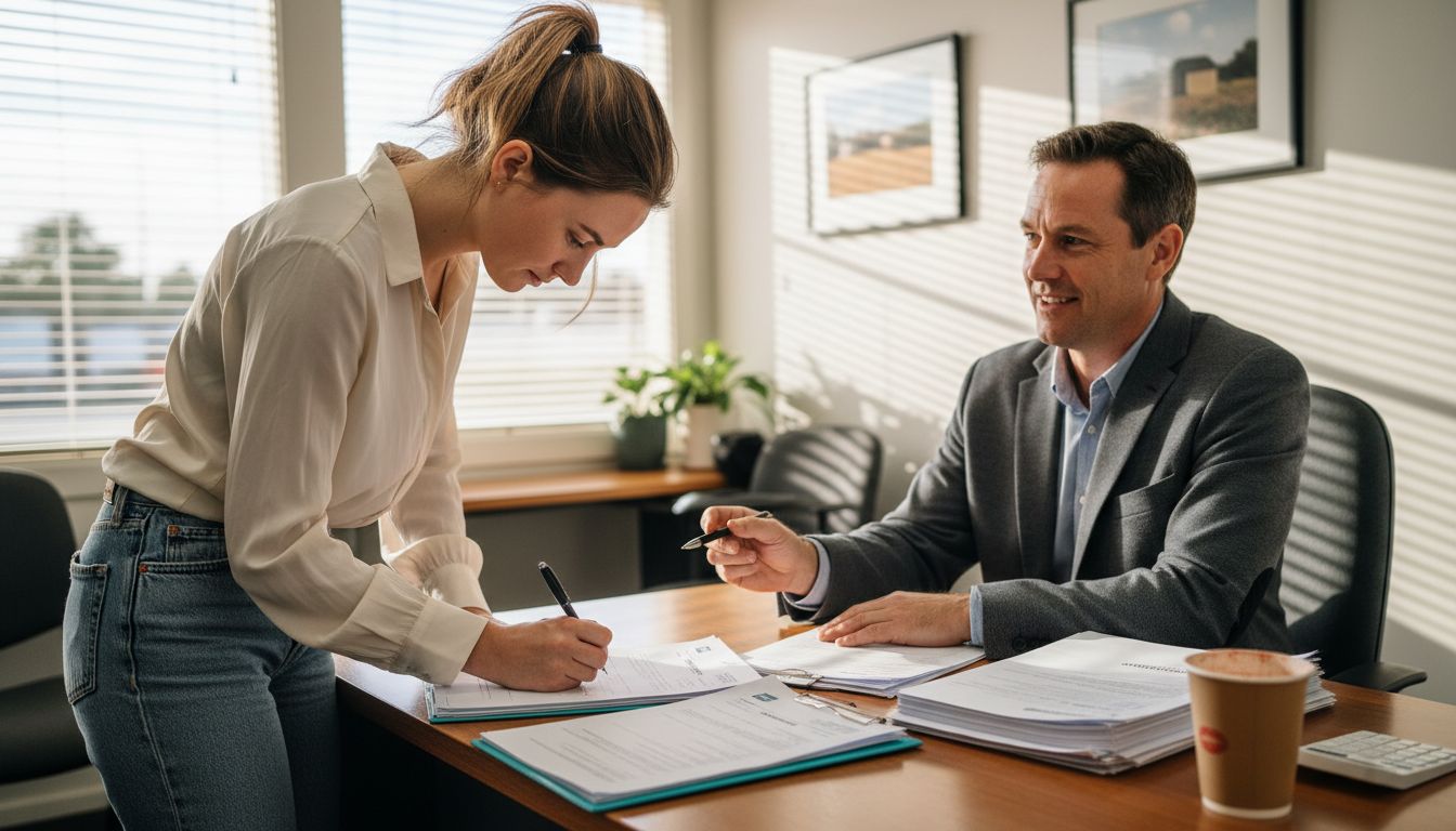 Woman signing secured loan forms at bank