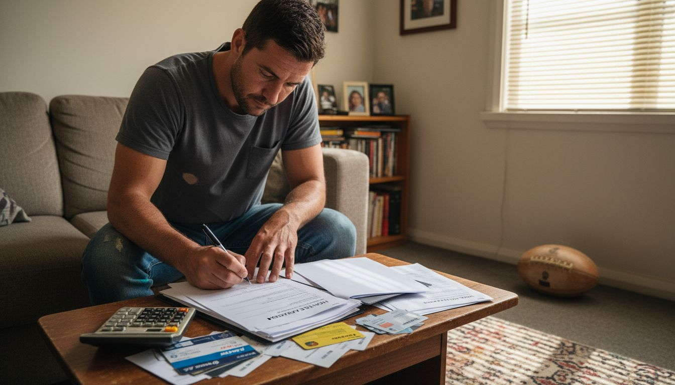 Man completing debt paperwork at home