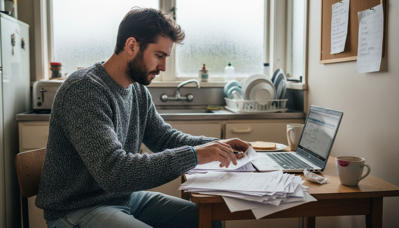 Man planning debt repayment at kitchen table