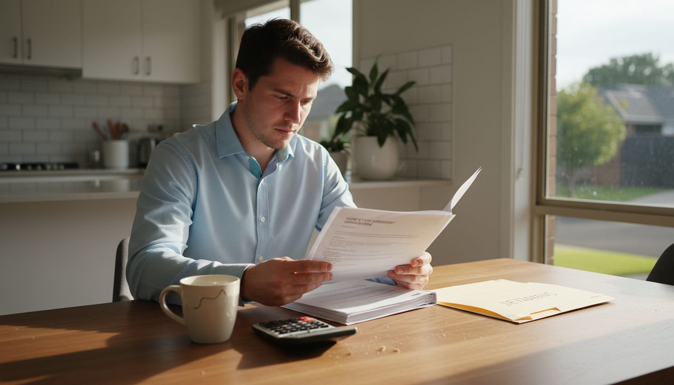 Buyer reviewing mortgage clause paperwork at home