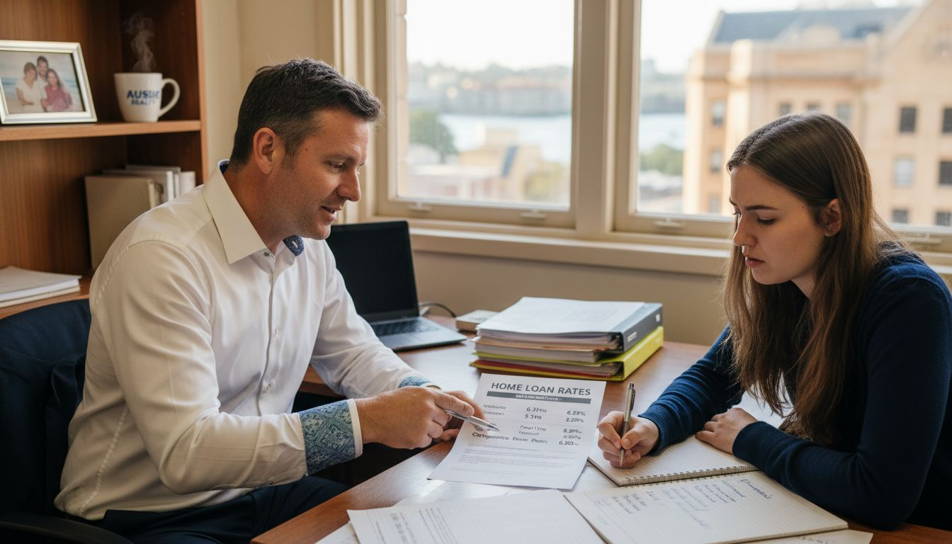 Home buyer consults mortgage adviser in office