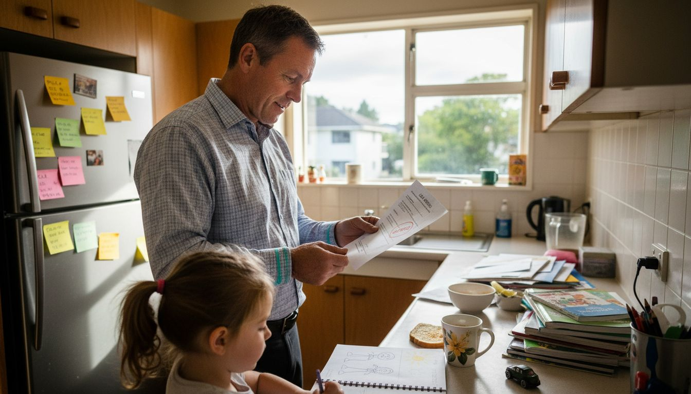 Parent reviewing loan documents in kitchen