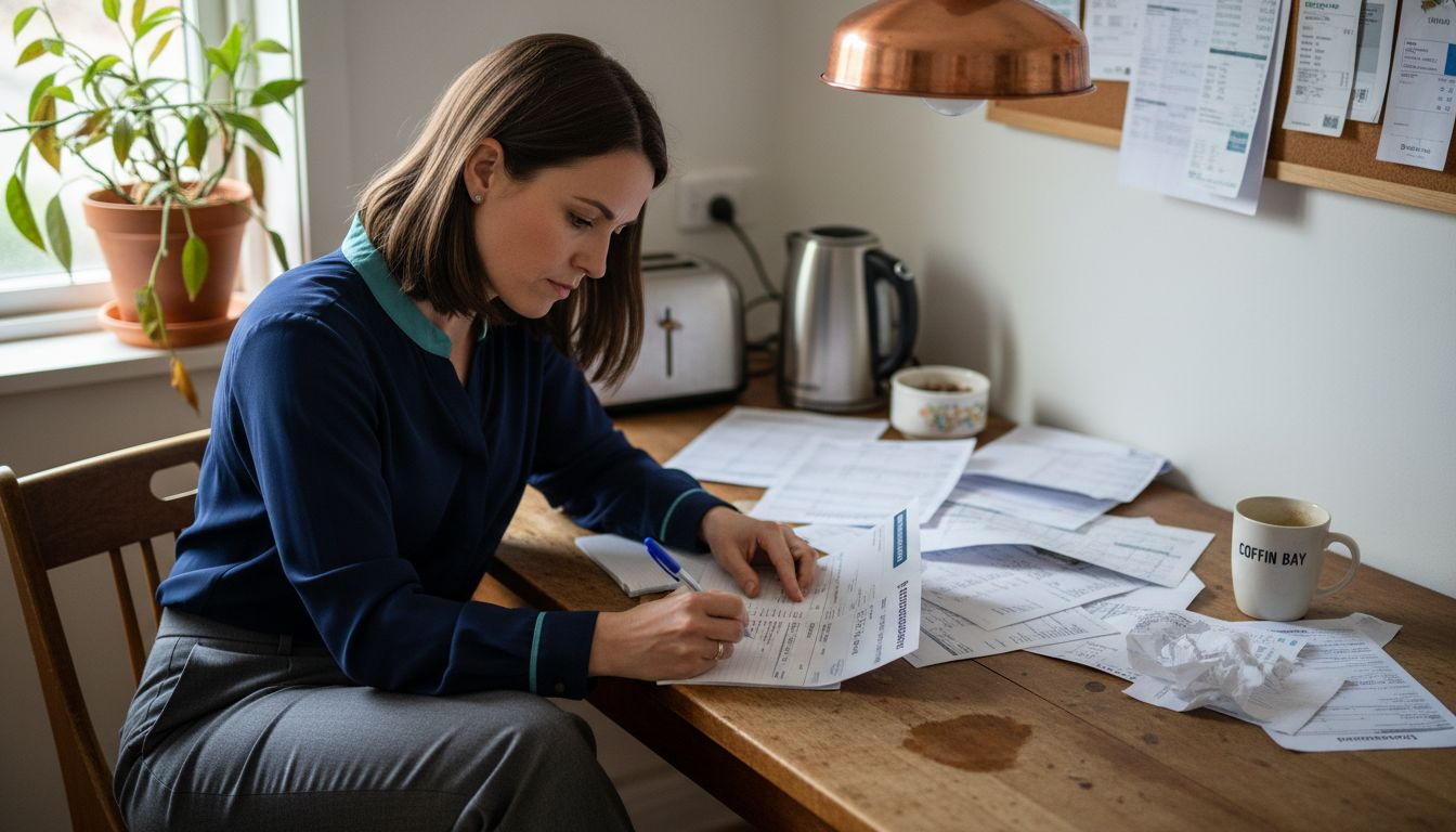 Woman reviewing credit report at kitchen table