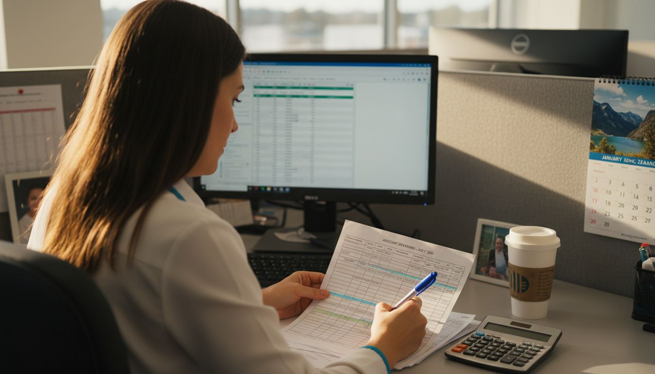 Bank employee reviews account statement for offset