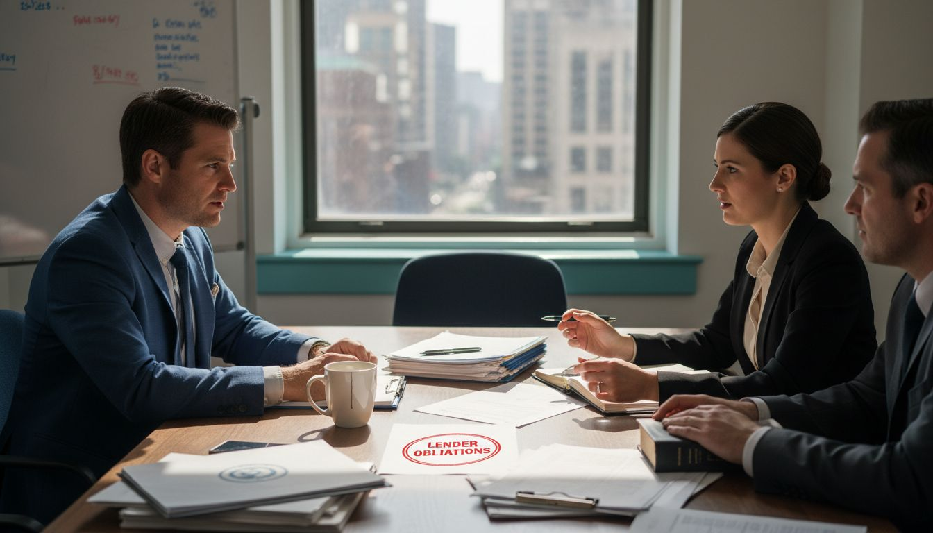 Bank team discussing lender obligations documents