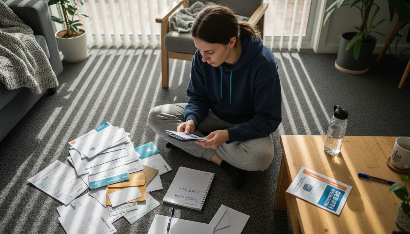 Person organizing bills for debt payment