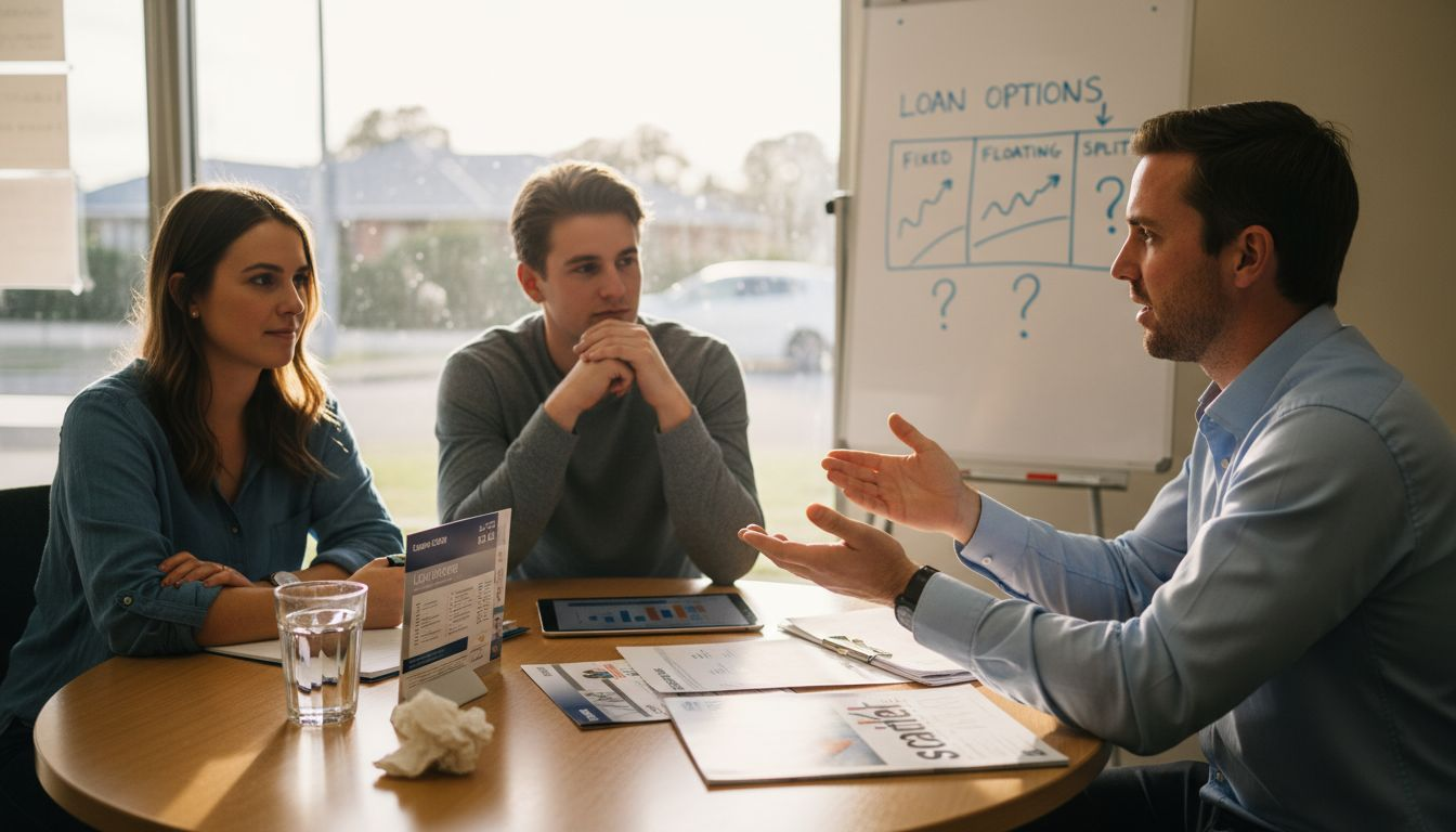 Mortgage adviser discussing loan types with clients