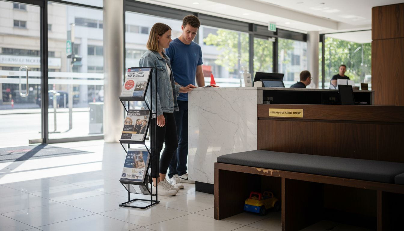 Couple reviewing mortgage options in bank lobby