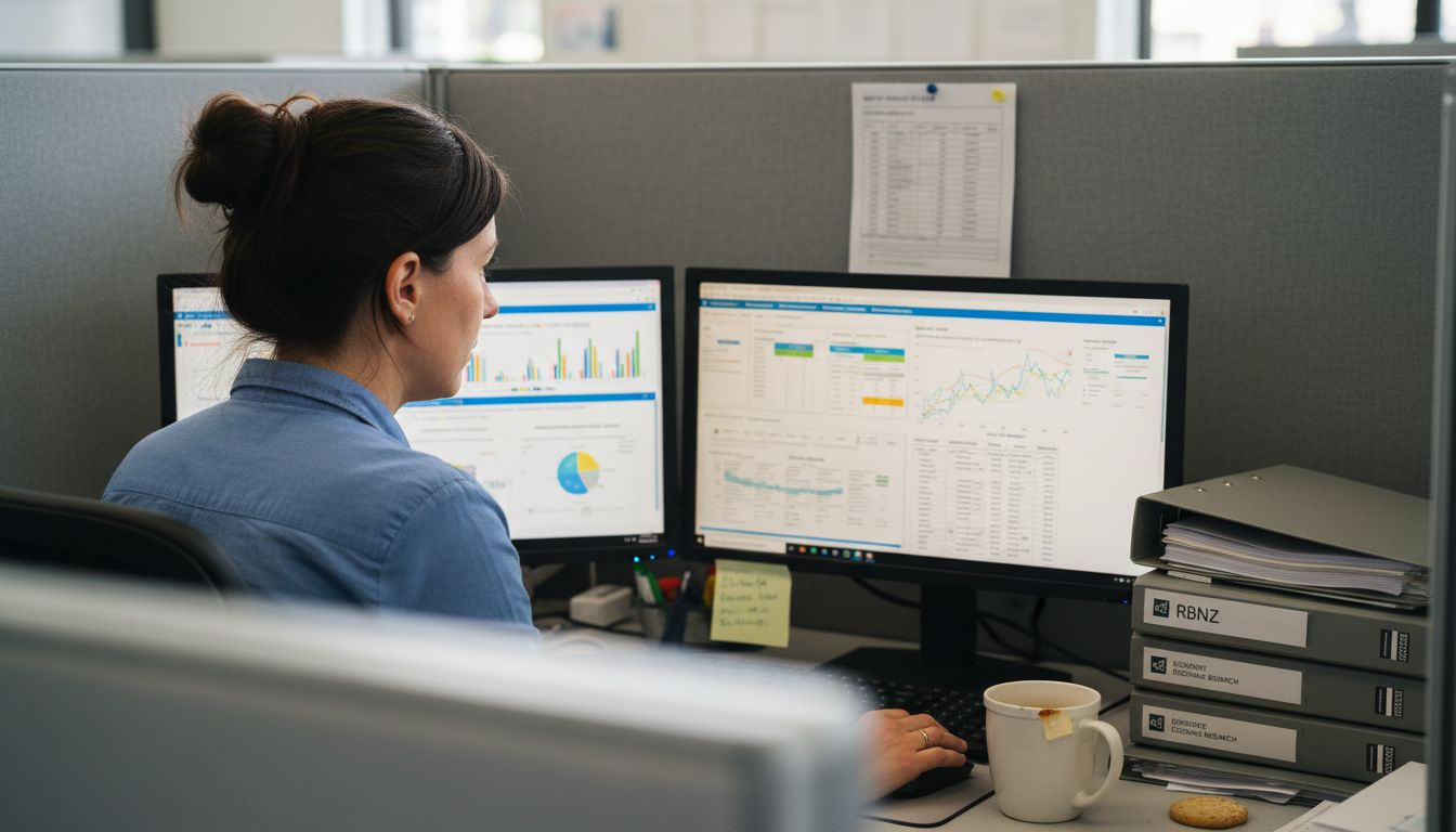 Analyst watching mortgage rate forecasts at desk