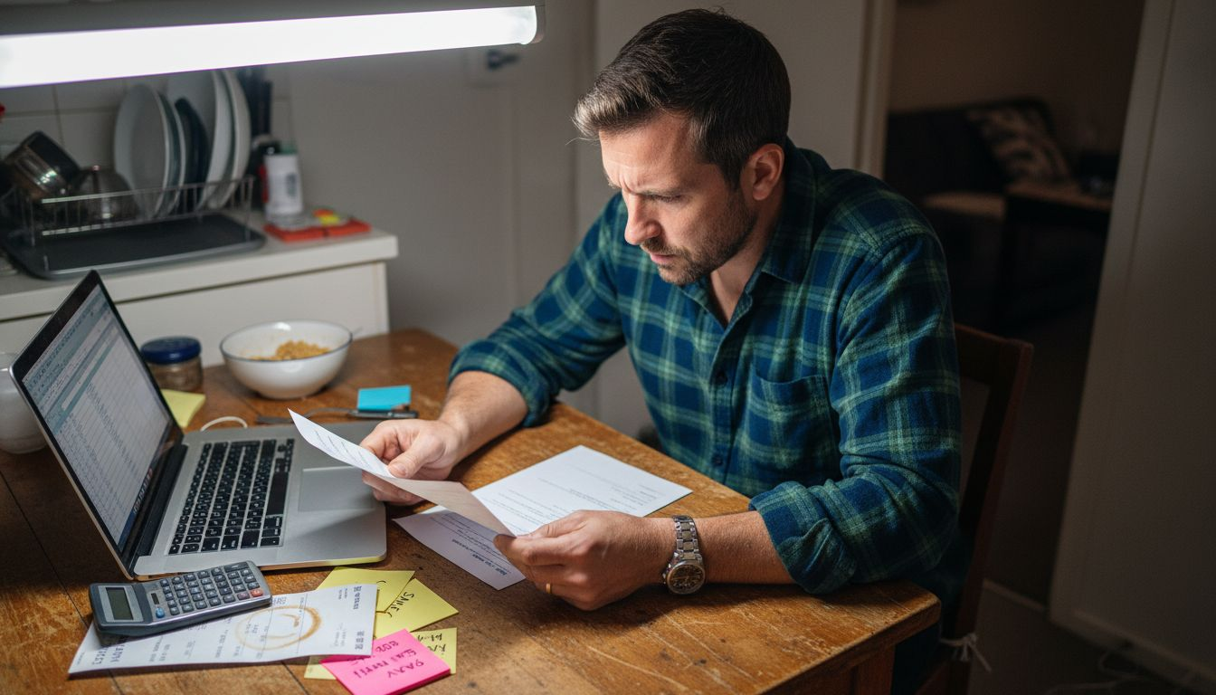 Man reviewing mortgage rate paperwork at table