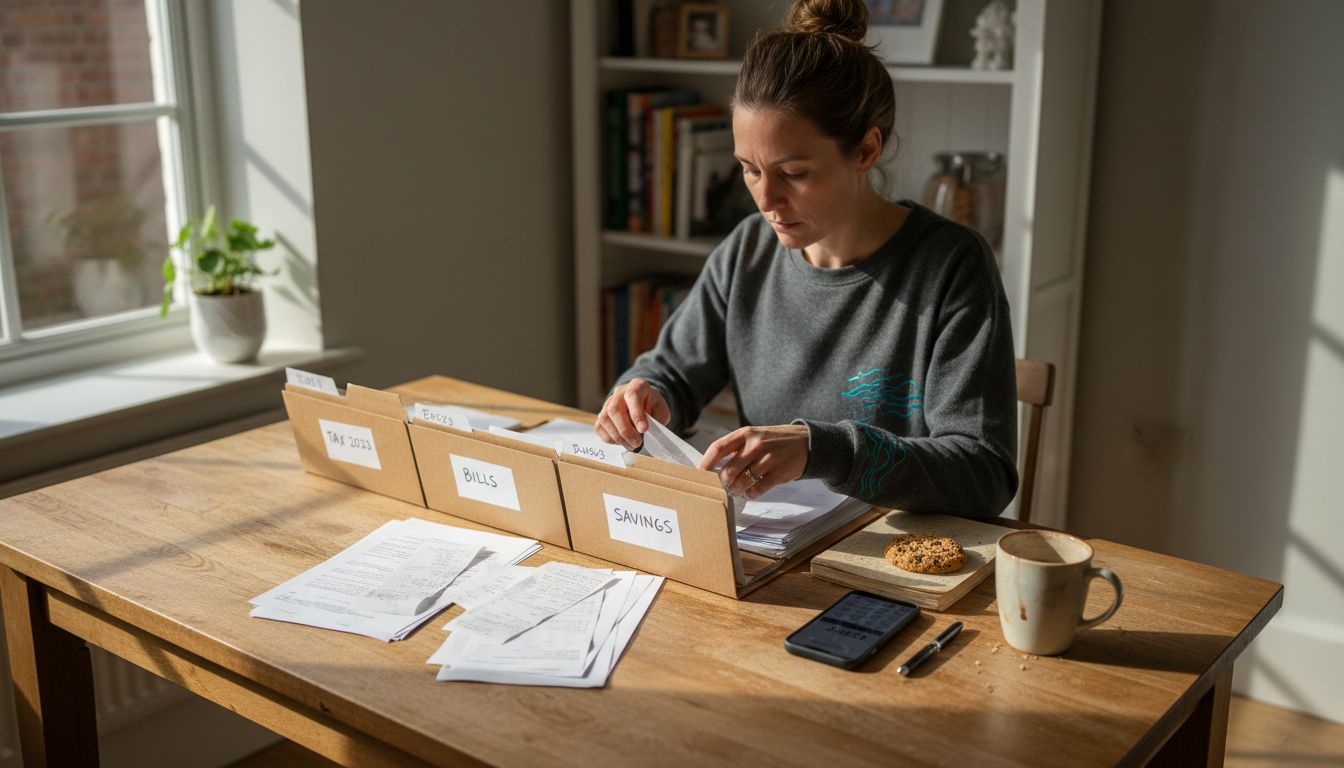 Woman sorting financial paperwork at kitchen table